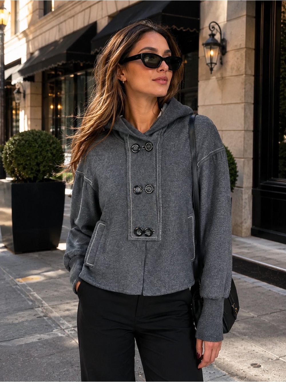REBECCA TAYLOR Quiet Luxury Charcoal Heavyweight Button-Front Scuba Hoodie, 12